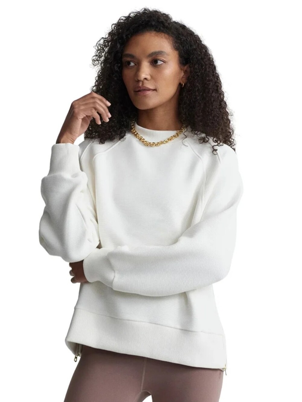 Varley Goulding Sweatshirt Pullover Side Zip Ottoman White Ribbed Crew Neck MD